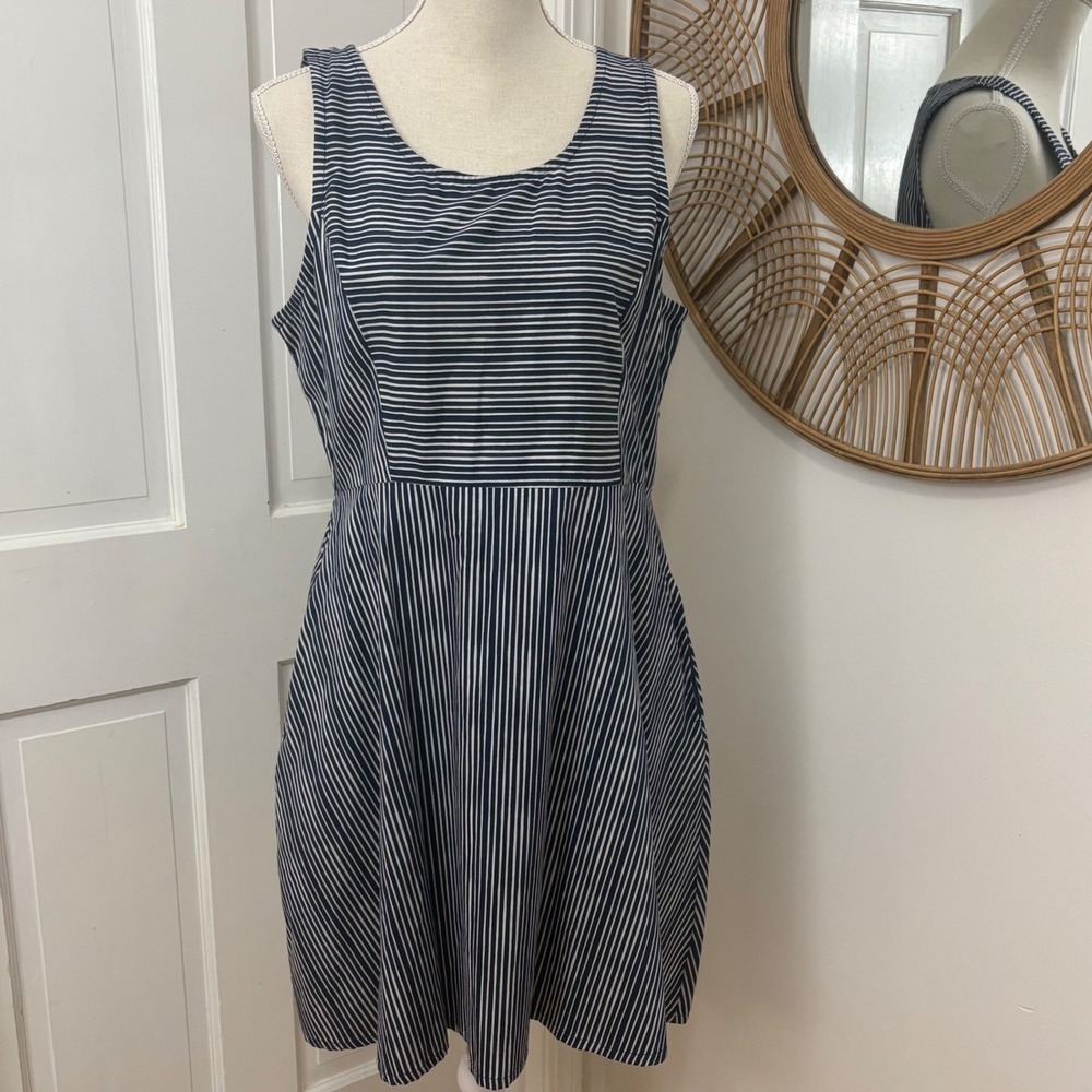 Mata Traders Fit Flare Dress L Navy Cotton Striped Boho Granola Office Nautical